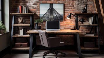 AI generated Industrial-style home office with a reclaimed wood desk Design and a bookshelf photo