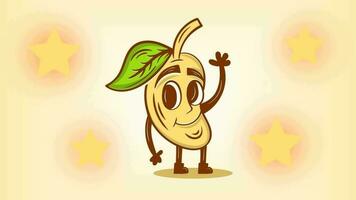 mango maskot leende med vinka händer och stjärnor runt om honom, söt mango karaktär, perfekt för din video