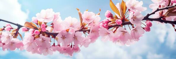 AI generated exclusive editorial photograph of cherry blossoms blooming under the blue sky. Sakura flowers are representative of Japanese flowers. photo