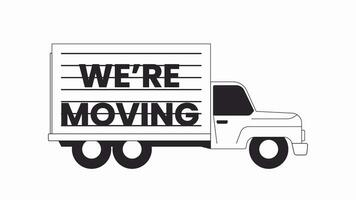 Moving truck riding bw outline cartoon animation. Were moving. Shipping cargo van wheels spinning 4K video motion graphic. Relocation 2D monochrome linear animated object isolated on white background