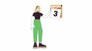 Smiling caucasian woman ripping page out calendar line 2D character animation. Counting flat color cartoon 4K video, alpha channel. European girl holding day 3 page animated person on white background video