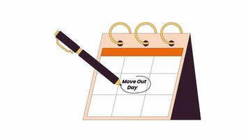 Pen circling moving out day on calendar line 2D object animation. Deadline reminder encircling calender flat color cartoon 4K video, alpha channel. Relocation date animated item on white background video