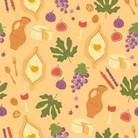 Seamless pattern with Georgian food, wine and fruits. Vector graphics.