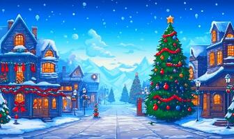 Christmas Festival Backgroud with Decoration Christmas Tree, Gingerbread House, Reindeer, Santa Claus and Ornament Pixel Art Retro RPG Game 8 bits 16 bits 32 bits Style - AI Generated photo