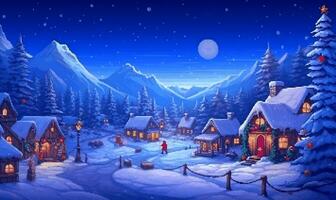 Christmas Festival Backgroud with Decoration Christmas Tree, Gingerbread House, Reindeer, Santa Claus and Ornament Pixel Art Retro RPG Game 8 bits 16 bits 32 bits Style - AI Generated photo