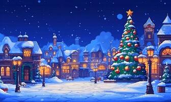 Christmas Festival Backgroud with Decoration Christmas Tree, Gingerbread House, Reindeer, Santa Claus and Ornament Pixel Art Retro RPG Game 8 bits 16 bits 32 bits Style - AI Generated photo
