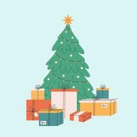 Christmas tree with gift boxes. Christmas presents. Happy New Year and Merry Christmas. vector