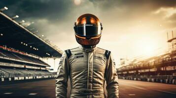 Motorcycle racer wear helmet race track background photo