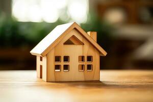 a wooden house in table, real estate concept photo