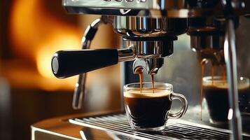 Coffee machine making espresso in cafe, closeup. Professional coffee brewing process photo