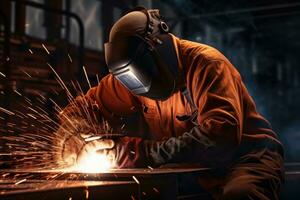 Heavy Industry Engineering Factory Interior with Industrial Worker Using Angle Grinder and Cutting a Metal Tube photo