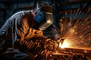 Heavy Industry Engineering Factory Interior with Industrial Worker Using Angle Grinder and Cutting a Metal Tube photo