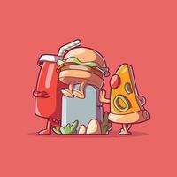Fast food characters near a tombstone vector illustration. Diet, health, funny design concept.