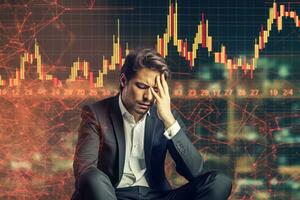 Thoughtful young businessman sitting on chair with forex chart on background. Stock market concept. Double exposure photo