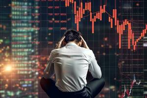 Thoughtful young businessman sitting on chair with forex chart on background. Stock market concept. Double exposure photo