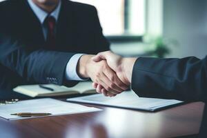 Business people shaking hands, finishing up a meeting. Business handshake concept. photo