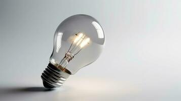 Glowing glass light bulb on grey background photo