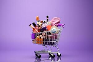 Shopping cart full of makeup products isolated on purple background. Copy space. photo