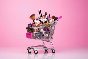 Shopping cart full of makeup products isolated on pink background. Copy space. photo