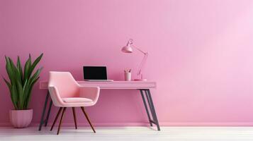 Minimalist office interior design with pink chair and desk photo