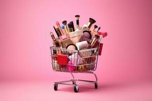 Shopping cart full of makeup products isolated on pink background. Copy space. photo