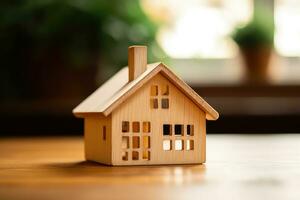 a wooden house in table, real estate concept photo