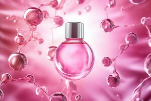 Perfume bottle on pink background photo