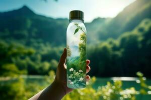 Female hand holding a sports bottle with a mountain landscape on the background photo