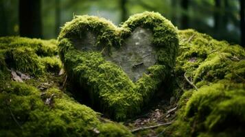 Heart shaped tree trunk covered with green moss in the forest, close up photo