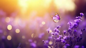 Beautiful purple lavender flowers and butterfly with bokeh effect photo