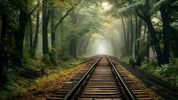 Railway in the foggy forest, vintage style, travel concept photo