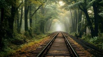 ferrocarril en el brumoso bosque, Clásico estilo, viaje concepto foto