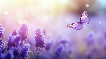 Beautiful purple lavender flowers and butterfly with bokeh effect photo