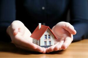 Real estate agent or real estate agent is showing house model to customer. photo