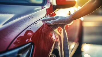 Car wash concept. Close up of male hands in gloves washing a car. photo