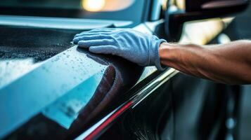 Car wash concept. Close up of male hands in gloves washing a car. photo