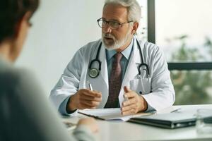 Doctor and patient discussing something while sitting at the table. Medicine and health care concept. photo