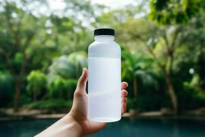 Hands holding a white bottle of whey protein on nature background photo