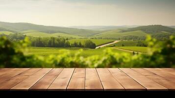 Wooden table green nature background, wooden floor for products photo