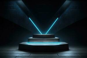 Cyberpunk Sci-Fi Product Presentation Podium with Glowing Lamp Frame in Dark - Technology Concept photo