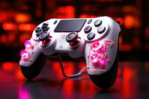 video game controller on a black background with neon lights. close up photo