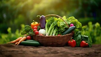 basket with fresh vegetables on wooden table in garden, closeup photo