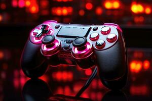 video game controller on a black background with neon lights. close up photo