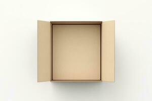 Top view of open cardboard box mockup on white background, photo