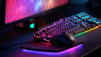 Computer keyboard with neon led lights on a dark background photo