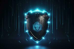 Cyber security concept. Shield padlock with keyhole on circuit board background, neon lights background photo