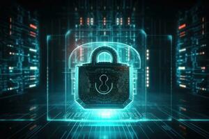 Cyber security concept. Shield padlock with keyhole on circuit board background, neon lights background photo