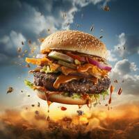 Big hamburger with flying ingredients on blue sky background. Fast food concept photo