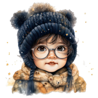 Cute adorable little snow boy character watercolor clipart, boy wear winter cloths transparent background png