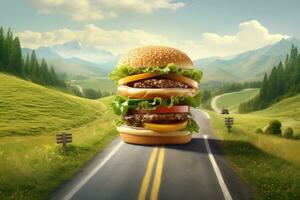 Burger on the highway road sky view background photo